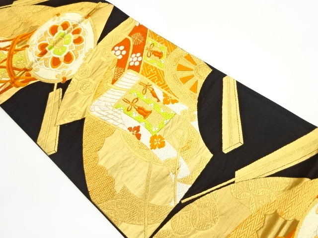 JAPANESE KIMONO / VINTAGE FUKURO OBI / WOVEN DRUM & CARRIAGE